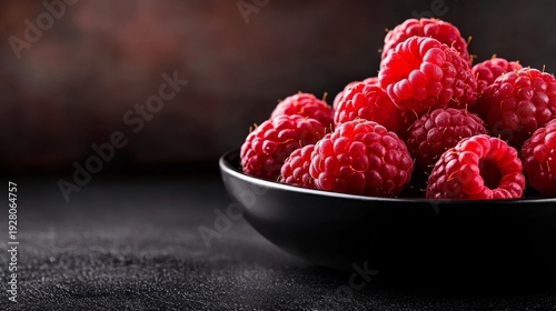 A close-up image of vibrant red raspberries arranged in a black bowl on a dark surface