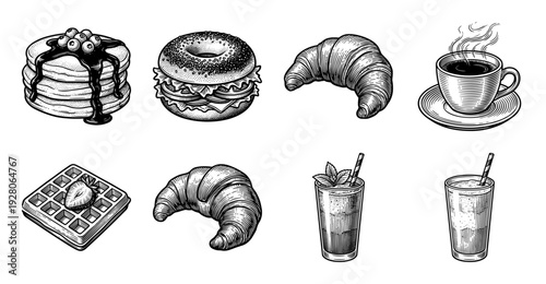 Vintage engraving breakfast and cafe collection featuring hand drawn illustrations of pancakes, bagel sandwich, croissants, coffee, waffle, and refreshing drinks.