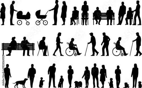 Large Vector Collection of Diverse People Silhouettes Adults Walking Sitting Using Wheelchairs Pushing Strollers and Walking Dogs Isolated