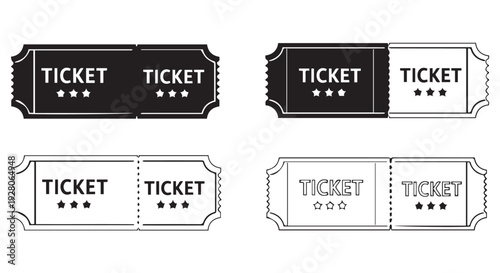 Four different styles of ticket icons in black and white on a Transparent Background for event or movie tickets.