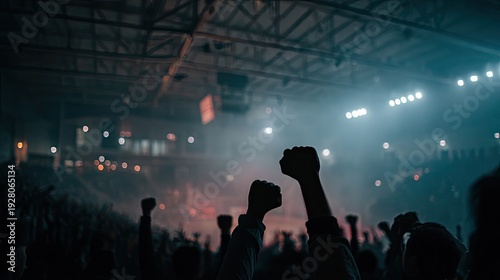 Silhouetted fists raised in a crowded indoor arena with dramatic lighting