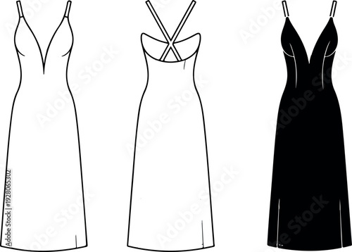 Elegant Sleeveless Dress Fashion Sketch Technical Flat Drawing Vector Illustration Garment Design Template CAD Style Front and Back Views