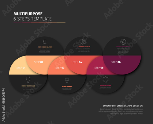 This infographic template features 6 steps for professional business presentations. This clean infographic template helps visualize 6 steps with a gradient circle design layout.