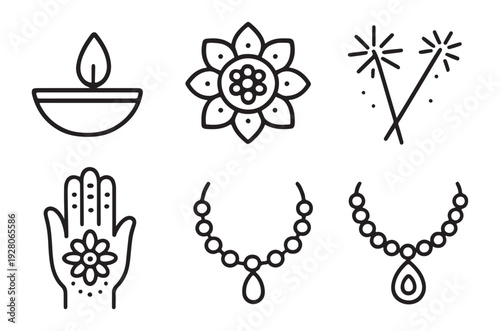 Diwali celebration icons lamp flower hand and festive jewelry designs