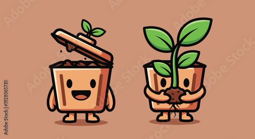 Cartoon Potted Plants with Smiling Faces.
