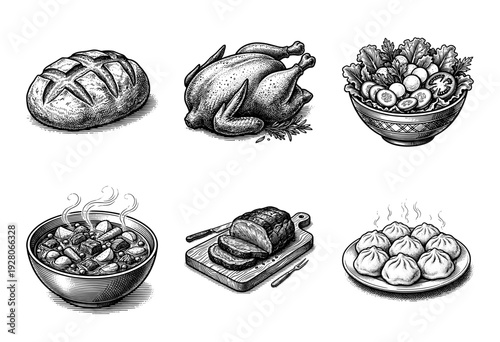 Vintage style engraving collection of various food items including roasted chicken crusty bread fresh salad hearty stew sliced roast beef and steamed dumplings.