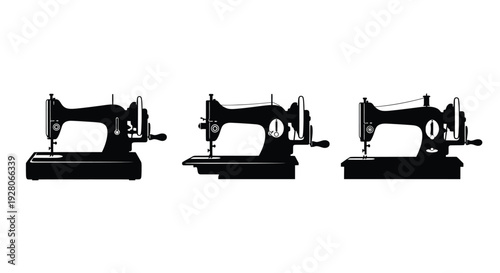 Collection of vintage sewing machines in black and white silhouettes