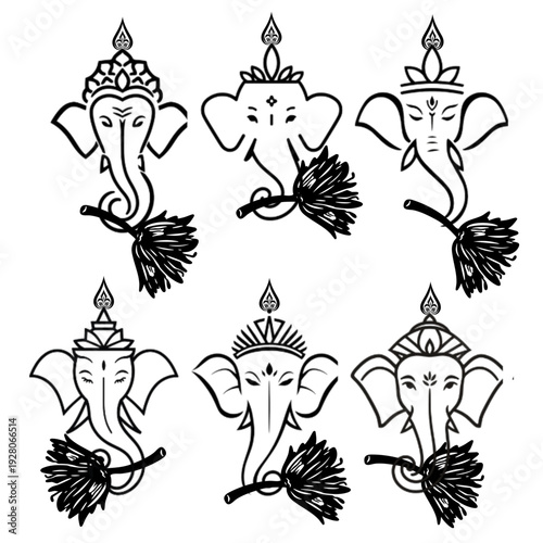 Lord Ganesha Line Art Icon Set – Minimal Hindu God Outline Vector Collection. Ai generated