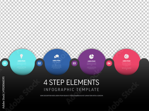 This premium infographic template features four distinct steps designed as circular elements. Use this infographic template and its colorful elements to visualize your data perfectly.