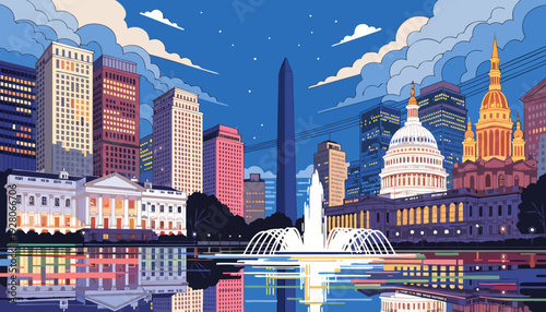 Nighttime cityscape illustration featuring prominent government buildings and modern skyscrapers reflected in calm water washington dc skyline
