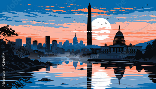 Monochromatic Stylized Cityscape Silhouette of National Monuments Reflected on Water Surface at Dusk washington dc skyline