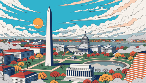 Stylized Skyline View of National Monuments and Government Buildings Under Bright Daylight washington dc skyline