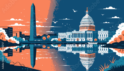 Dueling Political Landscapes Reflecting Iconic Washington DC Landmarks During Day and Night Transition washington dc skyline