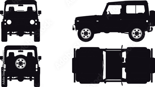 Off road SUV silhouette set in front, side, rear and top views isolated on white background, 4x4 vehicle illustration for transport design