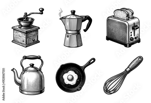 Vintage engraving style kitchen appliance collection featuring coffee grinder moka pot toaster kettle skillet with egg and wire whisk