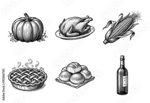 Vintage engraving style thanksgiving dinner elements featuring pumpkin turkey corn lattice pie bread rolls and wine bottle