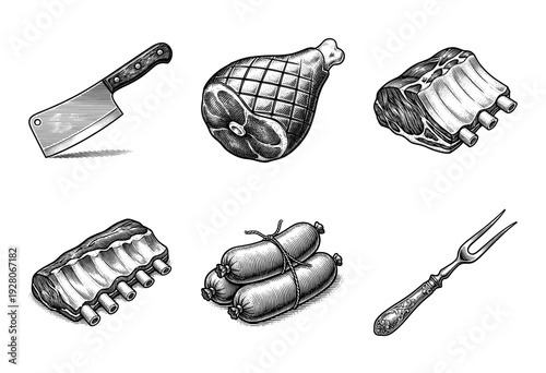 Vintage style hand drawn woodcut illustrations of assorted meat cuts including ribs, ham, sausages, cleaver, and carving fork set