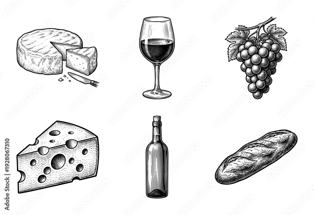 Fototapeta premium Vintage engraving style collection of wine, cheese, grapes, and baguette bread icons isolated on a plain surface.