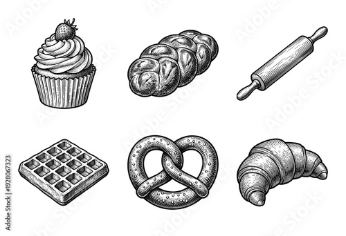 Set of vintage bakery products and pastry icons featuring engraved illustrations of cupcake, braided bread, waffle, pretzel, croissant, and rolling pin.