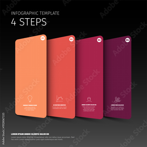 This infographic template features four steps with placeholders for images. Use this infographic template to create a polished 4 steps workflow or process presentation easily.
