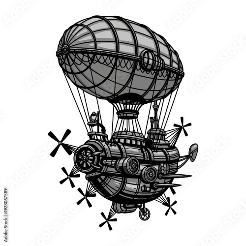 A steampunk airship with a large envelope and a gondola