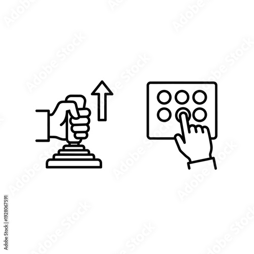 Human hand controlling joystick and finger pressing buttons for force control and input