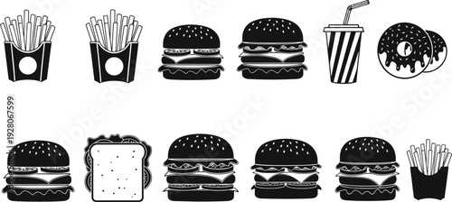 Fast food icons set with burgers, fries, soda and donut, black and white vector illustration isolated on white