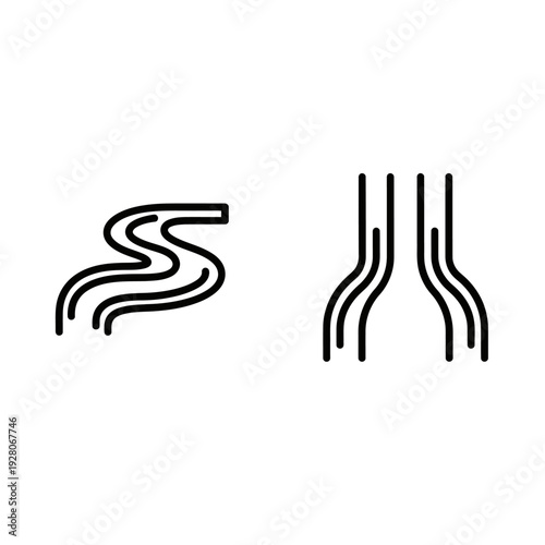 Fluid Dynamics Icons: Flowing River and Converging Channels. Abstract Line Art Representing Movement, Direction, and Transition.