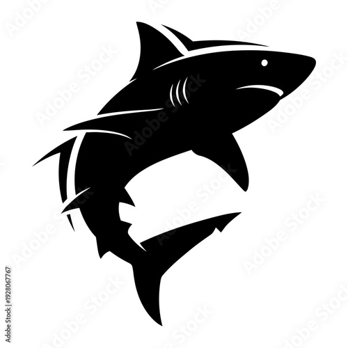 A black silhouette of a shark on a white background