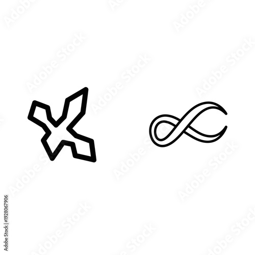 Modern abstract line icons of a stylized vector shape and an infinity symbol, representing dynamic forms, continuous motion, and endless possibilities. Sleek vector art.