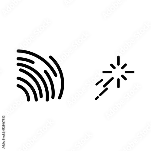 Minimalist icons: Soft Radiance waves and Whisper Spark, conveying gentle light, subtle energy, and delicate ignition. Clean vector graphics for abstract concepts.
