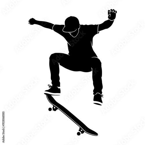 A skateboarder performs a trick in mid air