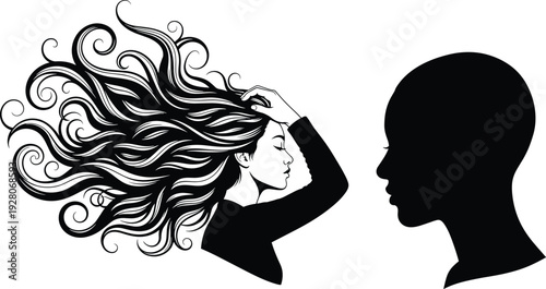 Woman with flowing long hair and human head silhouette, abstract psychology concept vector illustration isolated on white background