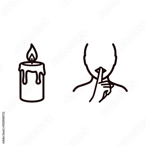 Vector illustrations of a lit candle with dripping wax and a person making a 'shush' gesture, representing quiet, secrets, and light.