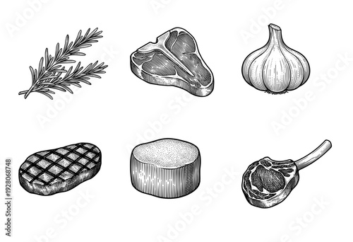 Vintage hand drawn engraving style meat and seasoning collection featuring steak cuts, bone-in ribeye, garlic bulb, and rosemary sprigs.