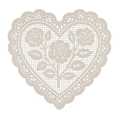 Heart Shape Paper Lace Doily with Rose ornament. Isolated Coquette aesthetic elements for collages and Scrapbooking design