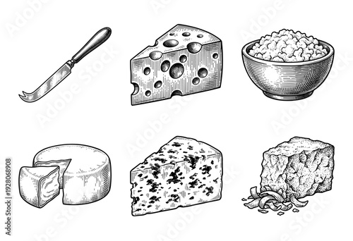 Vintage style hand drawn set of various cheese types and professional cheese knife in a detailed engraving illustration style