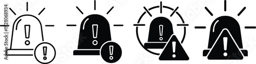 Emergency siren alert vector icon collection, black flasher light with exclamation mark symbols, warning notification signals isolated on white background, SEO