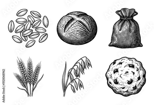 Vintage engraving style collection of grain crops and baked goods featuring wheat stalks oats flour sack bread and chocolate chip cookie