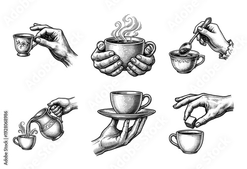 Vintage woodcut illustration set of hands holding coffee cups, pouring milk, and stirring tea in a classic engraved style.
