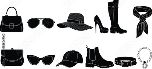 Fashion accessory silhouette, stylish footwear vector, handbag illustration design, sunglasses graphic art, modern clothing icon, cultural style element, wardrobe symbol