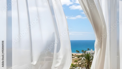 Waving White Curtains on Balcony with Blue Ocean View for Summer Vacation Concept 여름 휴가 컨셉을 위한 푸른 바다 전망의 발코니에서 휘날리는 하얀 커튼