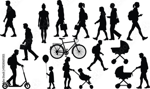 Collection of people walking and urban lifestyle silhouettes including bicycle, stroller, scooter and pedestrians isolated on white background for city life concept