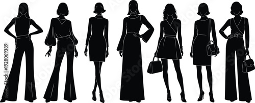 Fashion silhouette vector, modern clothing illustration, stylish outfit design, diverse attire art, cultural dress graphic, elegant female icon, contemporary style
