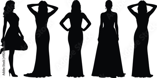 Fashion silhouette vector, stylish woman illustration, elegant dress design, posture art graphic, modern female icon, black gown outline, creative figure
