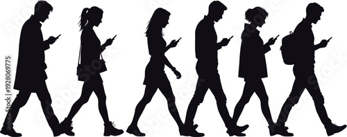 Silhouette of people walking while using smartphones, modern urban lifestyle concept showing men and women addicted to mobile phones isolated on white background
