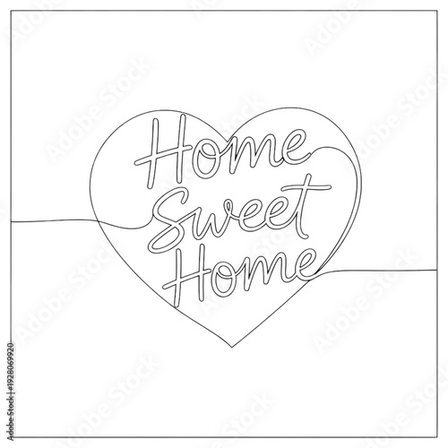 Home Sweet Home Heart Line Art - Minimalist Single Line Drawing, Romantic Housewarming Gift, Cozy Family Love, Vector Illustration
