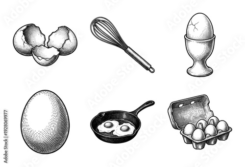 Vintage style engraving collection of eggs and breakfast cooking tools including whisk frying pan and egg carton