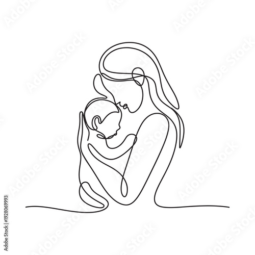 A continuous line drawing depicts a mother tenderly cradling and embracing her newborn baby high quality