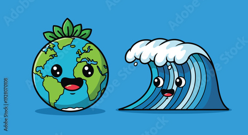Cartoon Earth and Wave Characters Smiling.